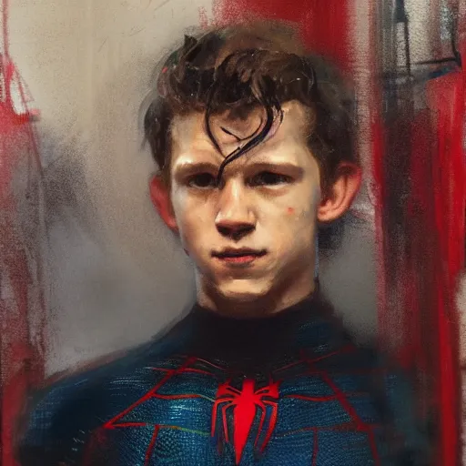 Image similar to portrait of tom holland as spiderman, by jeremy mann, anders zorn.