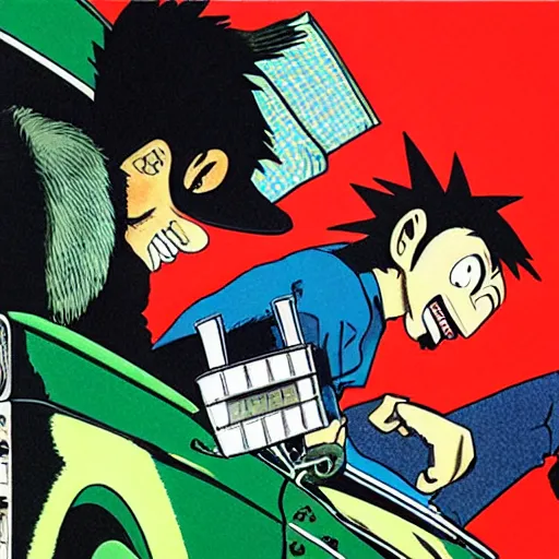 Image similar to a japanese print of « clint eastwood » gorillaz album cover, green pickup car, art by akira toriyama - ralph mc quarrie - jamie hewlett