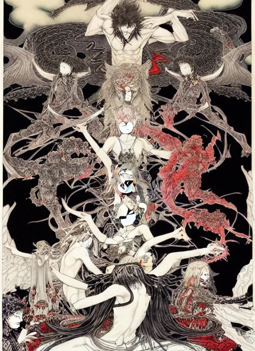 Image similar to battle between good and evil , battle between angels and demons, by and Austin Osman Spare and Takato Yamamoto and Yoshitaka Amano, high resolution, ultra detailed