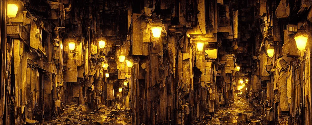 Image similar to digital painting, wideangle view of a narrow alley in kowloon walled city, dirty, sodium lights, , evening, cinestill, art by jean giraud