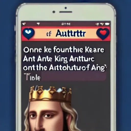 Image similar to a screen capture from the tinder dating app account of king arthur, the once and future king of britain.