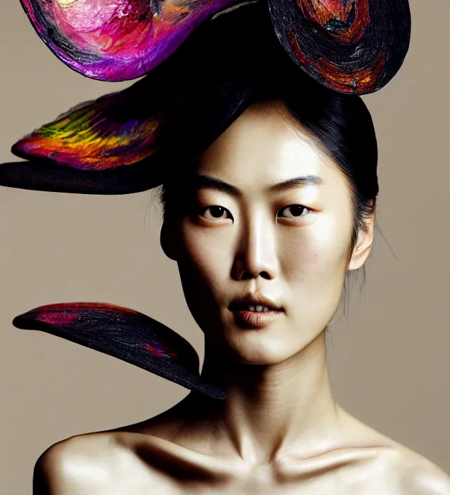 Image similar to photography facial portrait of liu wen, natural background, natural pose, wearing stunning hat by iris van herpen, with a colorfull makeup. highly detailed, skin grain detail, photography by paolo roversi, nick knight, helmut newton, avedon, araki