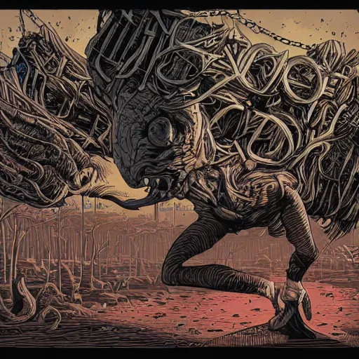 Prompt: head eating itself with long tongue and dark ink bombing from the eye, illustrated by Dan Mumford