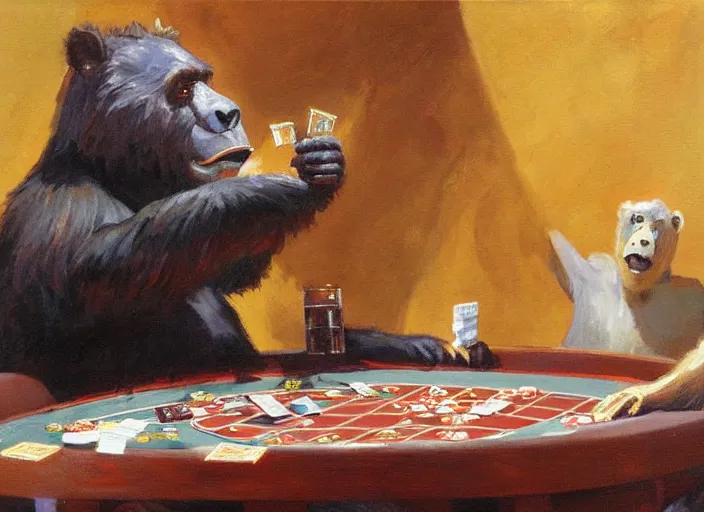 Prompt: one gorrila playing poker bear playing poker, highly detailed beautiful, by gregory manchess, james gurney, james jean