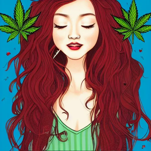 Prompt: portait of beautiful and pretty girl, high quality detailed face, joyful and agoy smile, elegant, illustration, red hair, cannabis, art by audrey kawasaki
