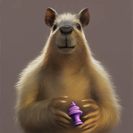 Image similar to detailed photorealistic painting of a cute capybara holding a chess pawn, sharp focus in the style of ruan jia, Mandy jurgens, cinematic light, concept art, trending on artstation, ultra realistic