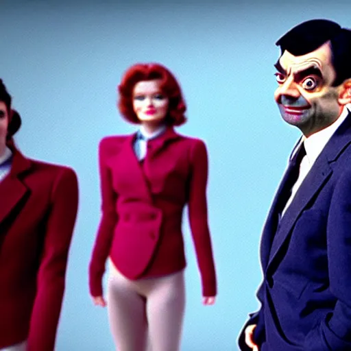 Image similar to mr. bean as one of charlies angels. movie still. cinematic lighting.