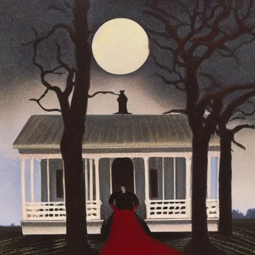 Image similar to grant wood's painting of dracula on the porch of a southern plantation at dusk, proudly gazing out on his cotton fields with the moon rising above. he is pale, with black hair and a black and red cape.