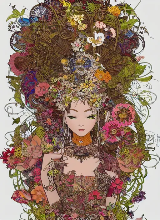 Image similar to beautiful floralpunk balinese cyborg portrait girl female illustration detailed patterns art of bali traditional dress, flower pop art, floral splash painting, art by geof darrow, ashley wood, alphonse mucha, makoto shinkai