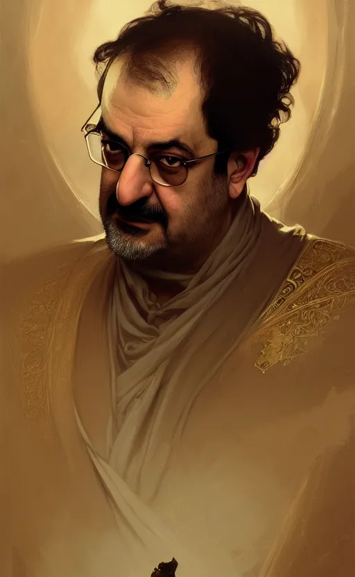 Image similar to portrait of salman rushdie, deep focus, d & d, fantasy, intricate, elegant, highly detailed, digital painting, artstation, concept art, matte, sharp focus, illustration, art by artgerm and greg rutkowski and alphonse mucha