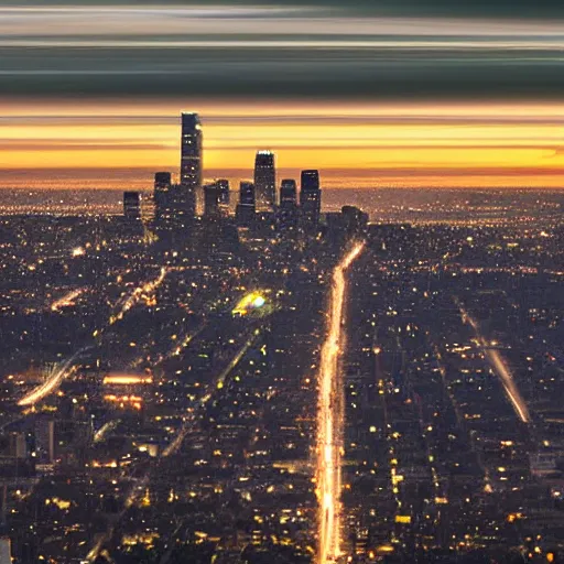 Image similar to actual photograph of UFO hovering over LA, award winning, golden hour,