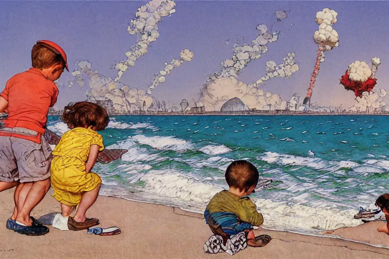 Image similar to kids playing at the beach, huge atomlc explosion in the background, wide angle lens, detailed, by norman rockwell, by mattias adolfsson, by moebius, oil on canvas,