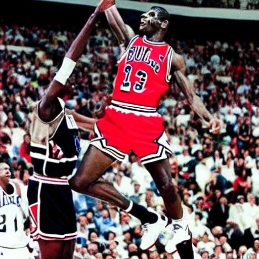 Image similar to jfk dunking on michael jordan. 1990s.