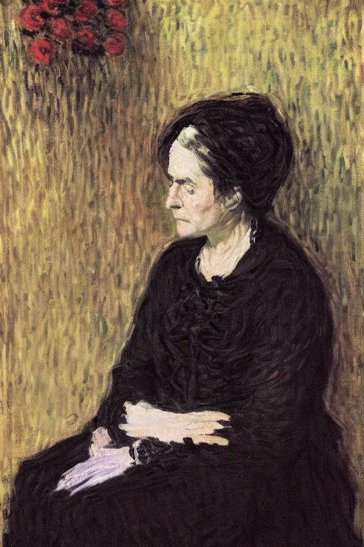 Image similar to a portrait of a widow, sad!, black clothes, by claude monet