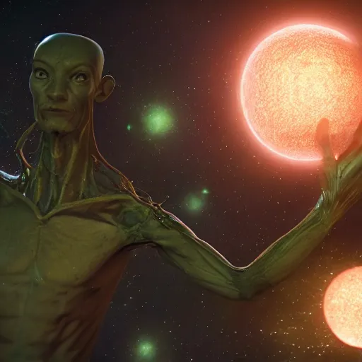 Prompt: a portrait of the most beautiful alien god creating the universe, movie still, cinematic, unreal engine 5