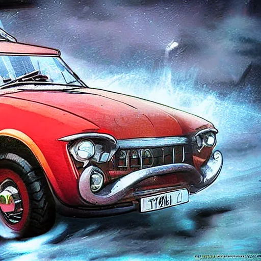 Image similar to historical photo of dragon from dragon adventure driving a soviet car Volga, photorealism,