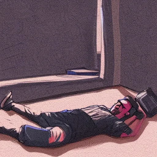 Image similar to a guy listening to music lying down in a chill out room, concept art