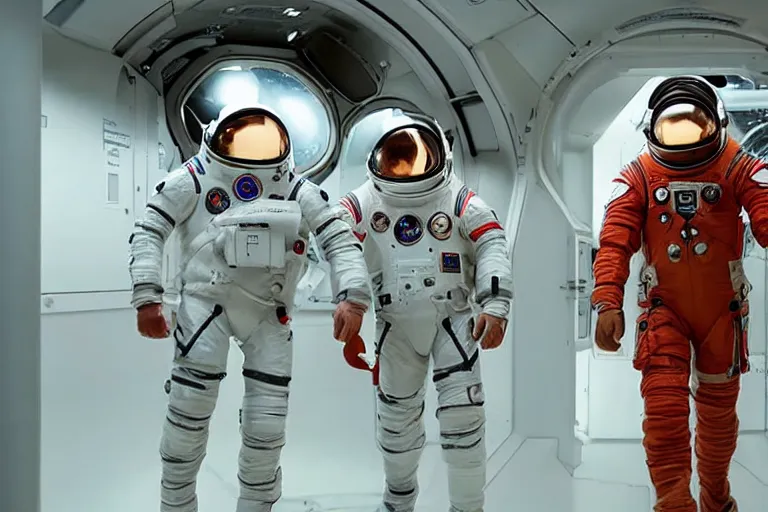 Prompt: realistic cinematography of two smart looking actors wearing space station suits walking through a space craft passageway, red warning lights, sci-fi, thriller,