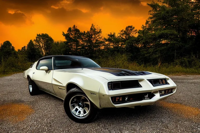 Image similar to pontiac firebird trans - am with black paint, sunrise, eerie light, fireflies, dog watching the car, dramatic, cinematic, forest, horror, sunbeams, volumetric lighting, wide shot, low angle, lightning storm hitting the car, ground cracking open to reveal a portal to hell