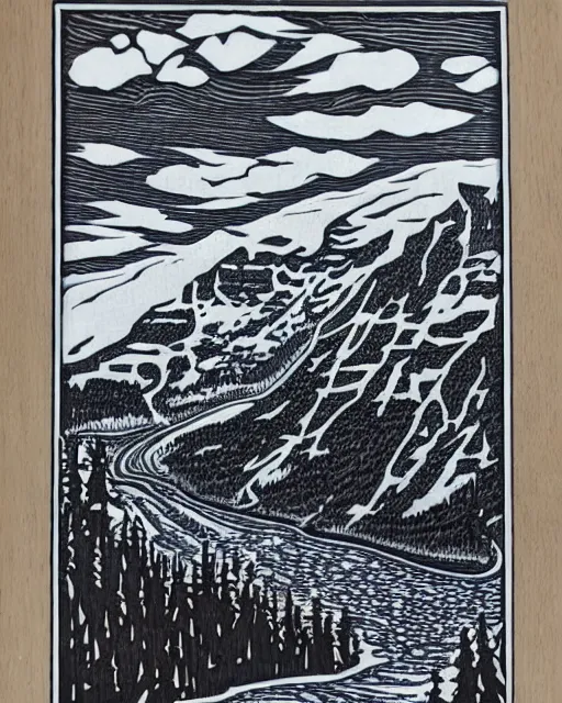 Image similar to an award winning Wood engraving on paper of The Canadian rockies