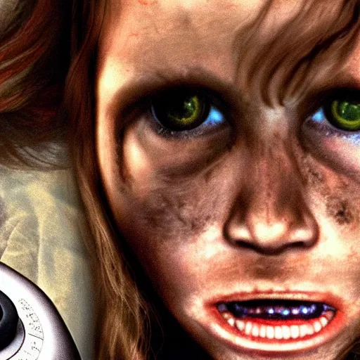 Prompt: super wide shot front view of a possessed linda blair from the exorcist next to the girl from the well in the ring, with nintendo controllers in their hands playing video games in her room, photo realistic, hyper detailed, hdr, 4 k, featured on artstation