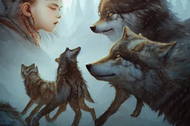 Image similar to photo of Aloy surrounded by happy wolves, highly detailed, photorealistic, reflections, smooth, sharp focus, concept art, illustration, beautiful, geometric, trending on artstation, cinematic, featured on behance , artwork by WLOP and Tran, Ross