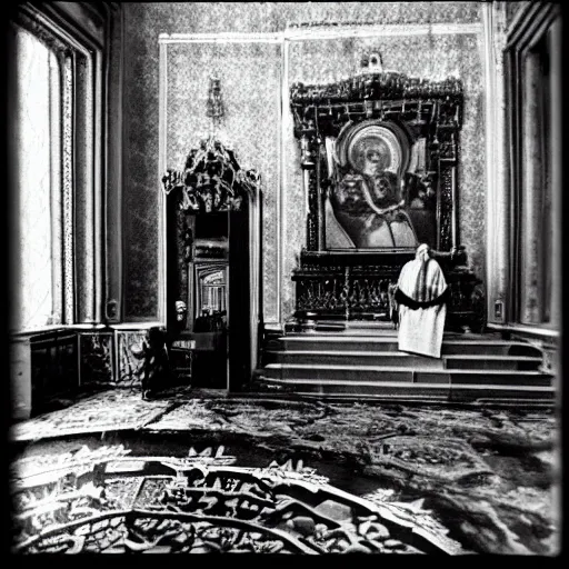 Prompt: ivan the terrible in his palace in moscow play with lego castle, kodak, old photo, black and white, film, wide lens, 1 6 mm,