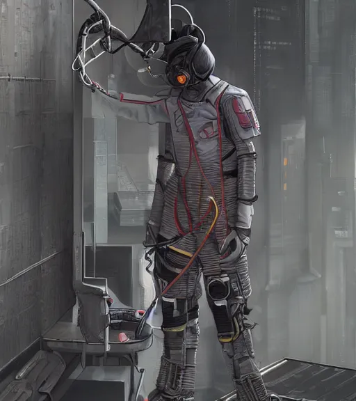 Image similar to realistic cyberpunk japanese engineer with long limbs and a black spacesuit welding a wall, techwear, dead space, visible face, Industrial Scifi, detailed illustration, character portrait, by Martin Grip and Moebius