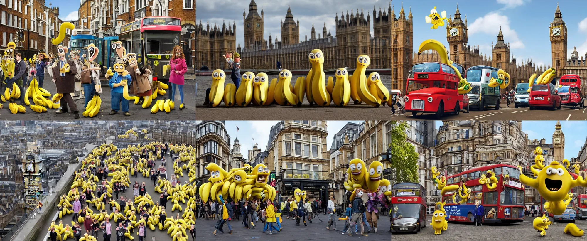 Prompt: bananas taking over london city in the style of wallace and gromit, aardman animations