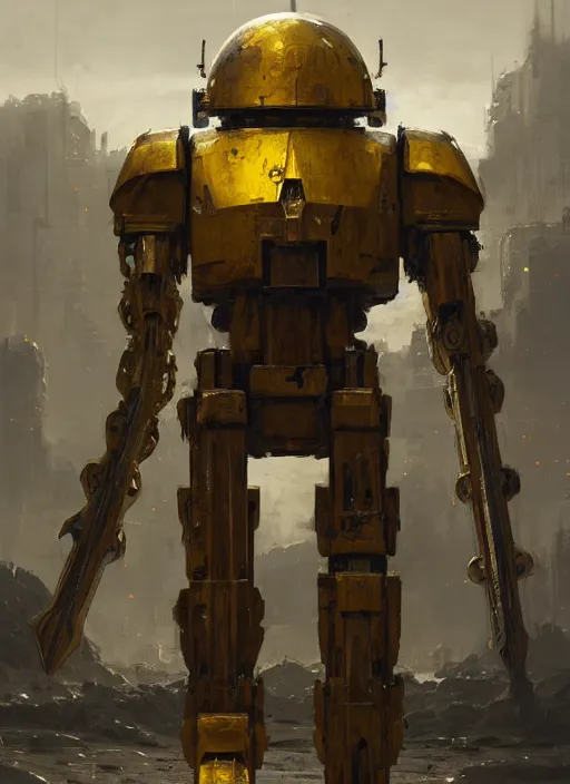 Prompt: human-sized strong intricate yellow pit droid carrying very detailed perfect antique great sword and beautiful large paladin shield, pancake short large head, exposed metal bones, painterly humanoid mecha, slightly far away, by Greg Rutkowski