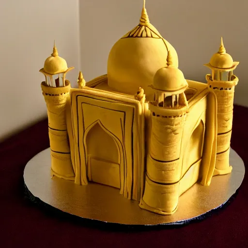 Prompt: Award winning photo 35mm of a cake that is made of a varieaty of cheese in the shape of the taj mahal, tha cake is in the shape of the taj mahal, all the cake structure is made of cheese and in format of the taj mahal