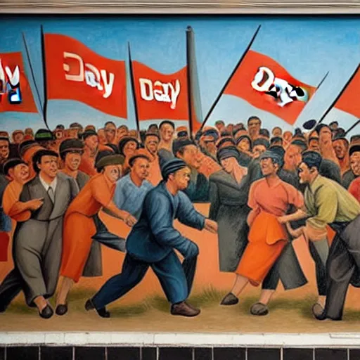 Image similar to the word daily!!!!!!!!!!!!!!!!!!!!!!!! depicted in a socialist realist mural