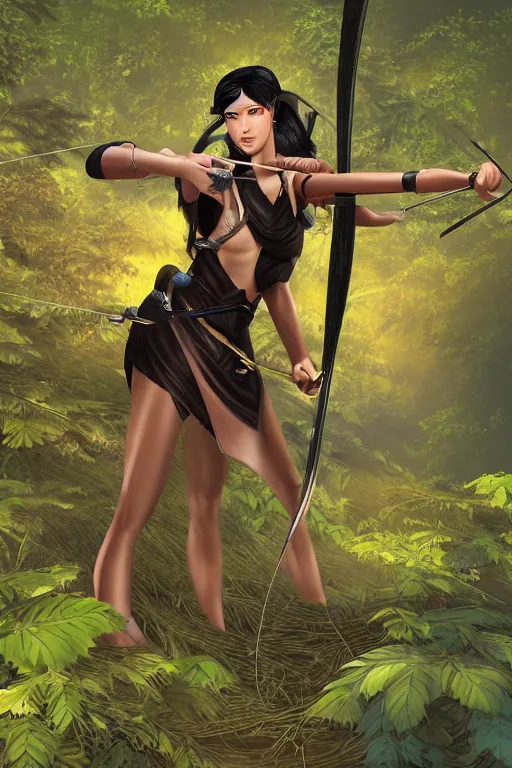 Image similar to female archer with leafy black hair crouching on sunset forest. high detail