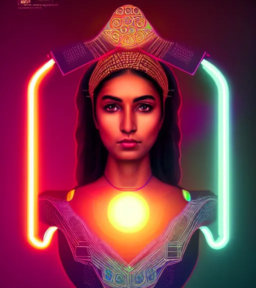 Image similar to symmetry!! indian princess of technology, solid cube of light, hard edges, product render retro - futuristic poster scifi, lasers and neon circuits, brown skin gorgeous indian princess, intricate, elegant, highly detailed, digital painting, artstation, concept art, smooth, sharp focus, illustration, dreamlike, art by artgerm