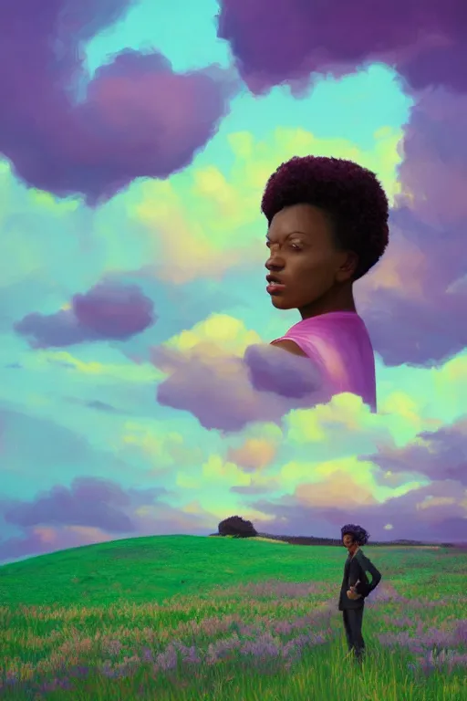 Image similar to portrait, giant lilac flower as head, black woman in suit in heather field, surreal photography, golden hour, colorful clouds, impressionist painting, digital painting, artstation, simon stalenhag