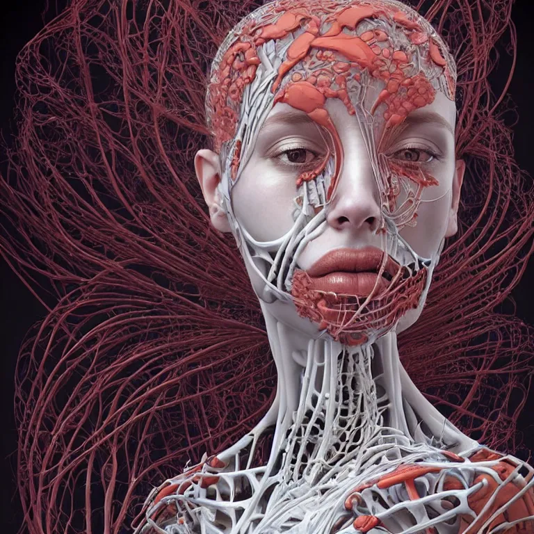 Prompt: portrait of beautiful!! horizontally symmetrical!! woman head with coral!! reef hair. torso, skeleton!, biomechanical android. soft light painted by james jean and moebius!!! and erik jones, inspired by mary jane ansell, smooth face feature, intricate oil painting, high detail 3 d render, sharp high detail