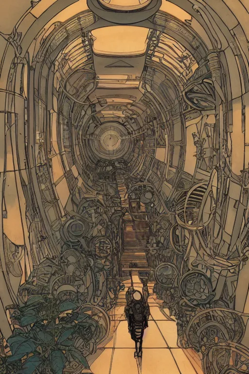 Prompt: front view on steampunk airplane hallway, kid and mad scientist walking, giant video screens, sci - fi, big interior plants, retrofuturism, concept art by mucha and moebius and victo ngai, architecture by francois schuiten, clean line, diesel punk, artstation