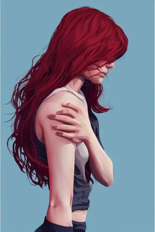 Image similar to girl with medium length red hair. black shirt. no face visible. centered median photoshop filter cutout vector behance hd artgerm jesper ejsing!