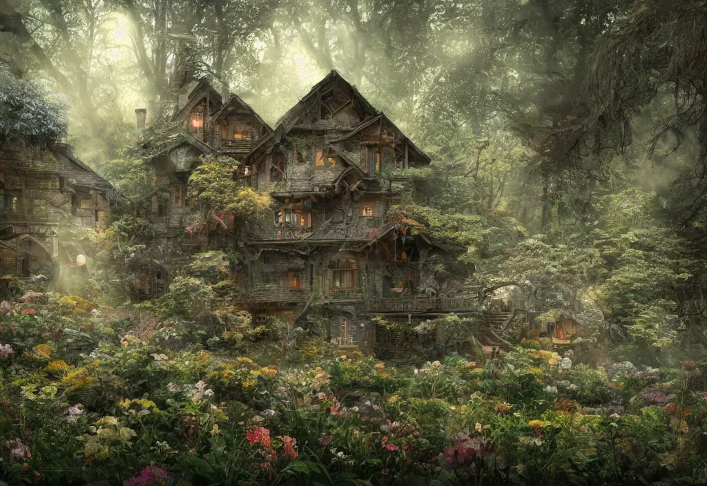 Prompt: a house sitting in a forest, wallpaper, ornate, beautiful, atmosphere, vibe, flowers, concept art illustration, color page, 4 k, tone mapping, doll, akihiko yoshida, james jean, andrei riabovitchev, marc simonetti, yoshitaka amano, digital illustration, greg rutowski, volumetric lighting, sunbeams, particles