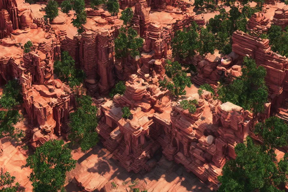 Prompt: aerial view, beautiful temple complex of sandstone and jade, built in red rock canyon, a fusion of star wars and gothic revival architecture, natural volumetric lighting, realistic high detail 4k render