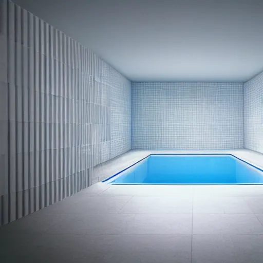 Image similar to dreampool rooms, white ceramic tiles with light coming in from windows with blue skies, brutalism architecture, dreamy