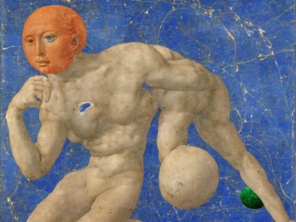 Prompt: marble greek sculpture of saturn devouring his sun with inlaid mineral eyes. lapis - lazuli, turquoise, malachite, cinnabar, earth brown. painting by piero della francesca, balthus, agnes pelton