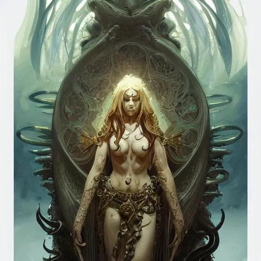 Image similar to a ancient cthulhu goddess, D&D, fantasy, intricate, highly detailed,, artstation, concept art, smooth, sharp focus, art by artgerm and greg rutkowski and alphonse mucha