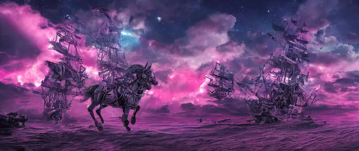 Image similar to space, a horse - drawn, a mechanical horse with a pink mohawk drives a pirate spaceship, punk, hyperdetailed illustration, stars, pink, neon, oil painting, rich deep colors masterpiece, pirate neon ship, ultra detailed, contrast, heaven pink, clouds, volumetric light, atmospheric lighting, dramatic, cinematic, moody, octane render 4 k, 8 k