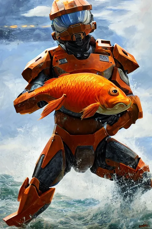 Image similar to magikarp playing as master chief, oil on canvas, intricate, portrait, 8 k highly professionally detailed, hdr, cgsociety