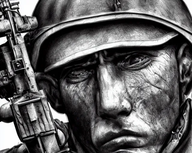 Prompt: A soldier holding a tank machine gun, face in despair, world war 1, close-up, realistic face, beautiful face detail, mature facial features, black and white, amazing digital art, hyper detailed, artstation, in the style of Tony Sart