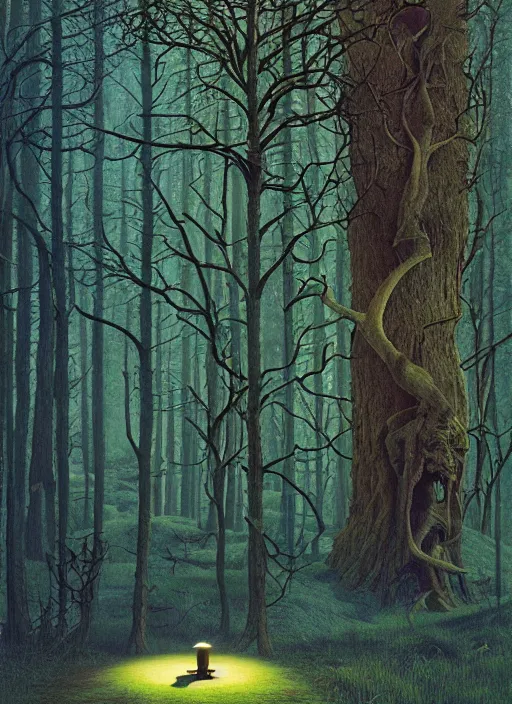 Image similar to hyper realistic witch modem with mood lighting and tech in the woods gorgeous lighting, blue sky, highly detailed, lush forest foliage painting by zdzisław beksinski and norman rockwell and greg rutkowskiweta studio, and lucasfilm