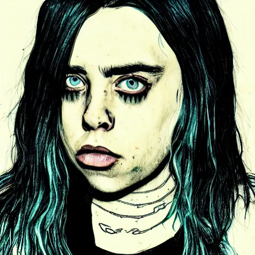 Prompt: grunge drawing of billie eilish in the style of the shining