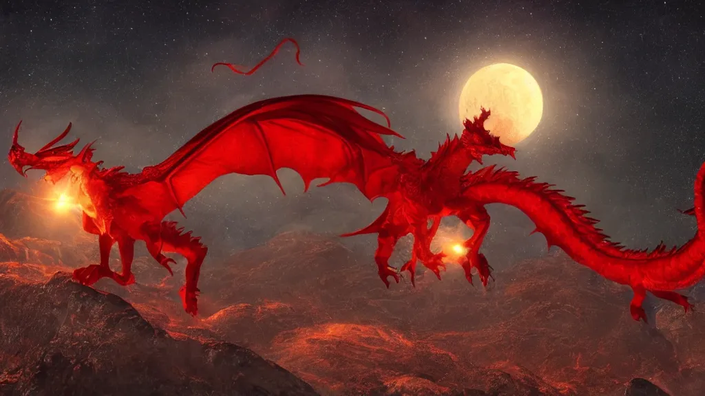 Prompt: a glowing red dragon at night with the moon in a clear star filled sky by thomas cole, behance, 8k featured in artstation, cinematic,, sharp focus, very detailed, volumentric lighting