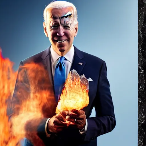 Image similar to UHD candid photo of Joe Biden holding up a big quartz crystal with Hunter Biden setting it on fire, UHD, photorealistic, correct face, photo by Annie Leibowitz